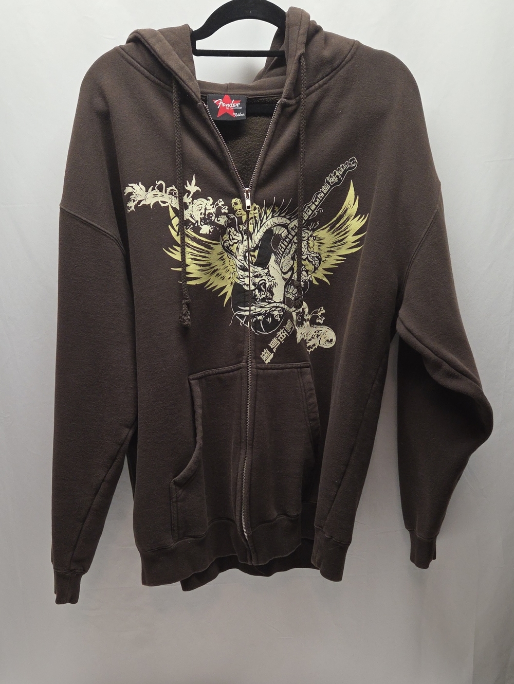 Fender Brown Zip-Up Mens Hoodie with Yellow Guitar Graphic Music Lifestyle Hobby